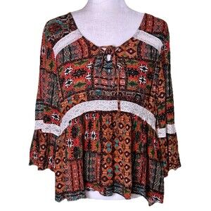 Women Boho Peasant Top Geometric Print Lace Trim Flowy Folk Blouse Size Large